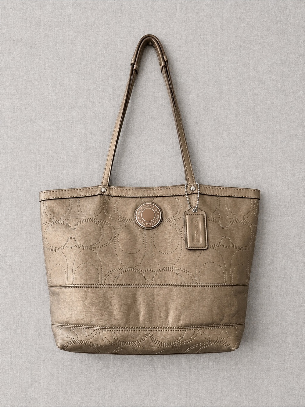 COACH Taupe Metallic Leather Stitch Outline C Tote Purse F19409 (2012)